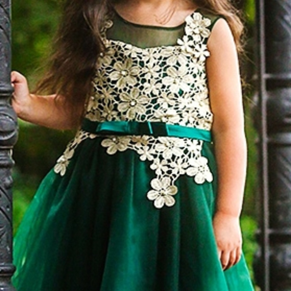 Toddler Girl Nice Christmas Holiday Party Emerald Gold Floral Lace Dress Size 2T